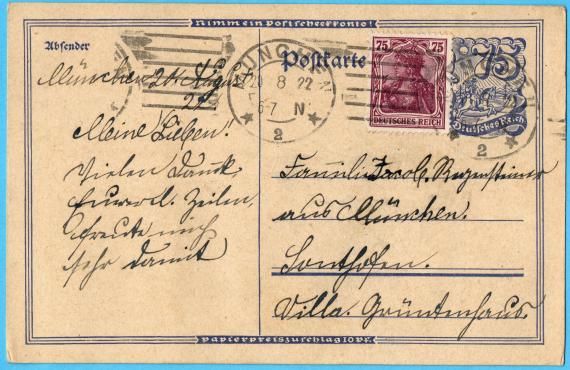 Postkarte - Jacob Regensteiner Postcard of private nature to family Jacob Regensteiner from Munich, Sonthofen, Villa Grüntnerhaus - sent on August 20, 1922