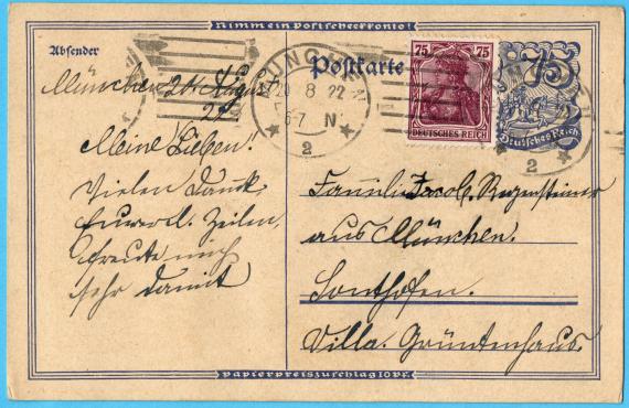 Postcard of private nature to family Jacob Regensteiner from Munich, Sonthofen, Villa Grüntnerhaus - sent on August 20, 1922