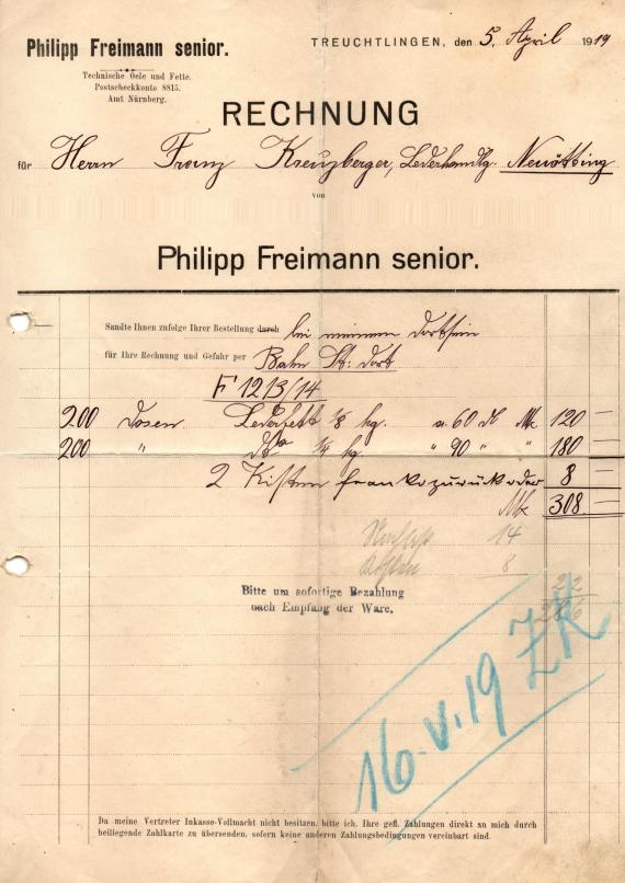 Rechnung von " Philipp Freimann senior, Technische Oele und Fette, Treuchtlingen ", - ausgestellt am 5. April 1919 