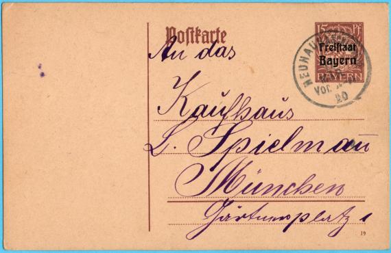 Postcard of a business nature to the " Kaufhaus Spielmann " in Munich, Gärtnerplatz 1 - sent on March 15, 1920