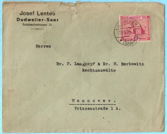 Envelope " Messrs. Dr. P. Langkopf & Dr. H. Berkowitz " - Attorneys at Law - Hanover, Prinzenstraße 1A - mailed on September 23, 1924