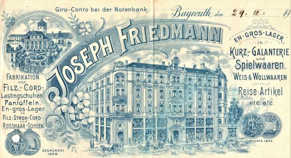 Rechnung von " Joseph Friedmann, En gros Lager in Kurz- Galanterie- und Spielwaren, Weis- & Wollwaren, Reiseartikel " vom 29. März 1906 - Ausschnittvergrößerung Rechnungskopf