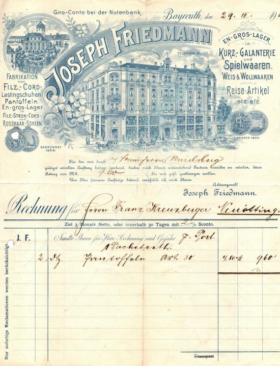 Invoice from " Joseph Friedmann, En gros Lager in Kurz- Galanterie- und Spielwaren, Weis- & Wollwaren, Reiseartikel " dated March 29, 1906