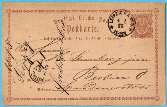 Postcard of a business nature to Mr. " H. Sternberg jun. " in Berlin, Spandauerstr. 45 - sent on January 4, 1875