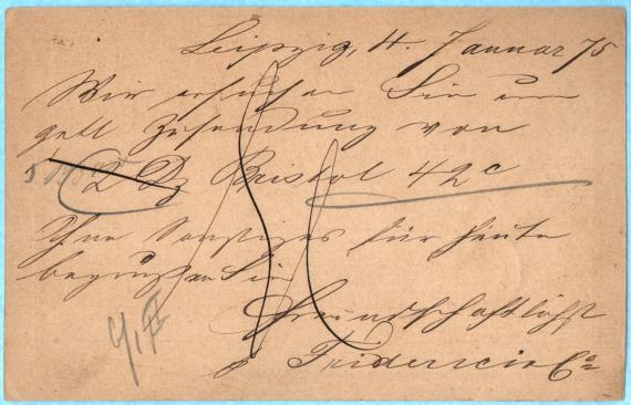 Postcard of a business nature to Mr. " H. Sternberg jun. " in Berlin, Spandauerstr. 45 - mailed January 4, 1875 - back of card