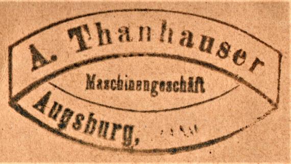 Postkarte geschäftlicher Art von " A. Thanhauser, Maschinenhandlung, Augsburg " - versandt am 11. September 1920 - Ausschnittvergrößerung Geschäftsstempel