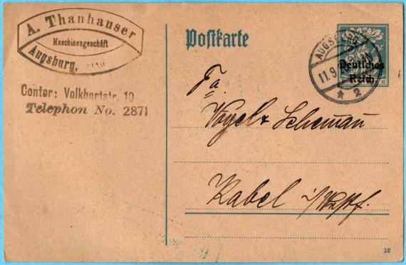 Postkarte geschäftlicher Art von " A. Thanhauser, Maschinenhandlung, Augsburg " - versandt am 11. September 1920 