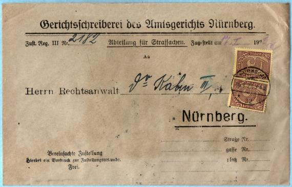 Envelope from the Clerk's Office of the District Court of Nuremberg to Mr. " Attorney Dr. Kahn III " in Nuremberg, - mailed on January 16, 1923.