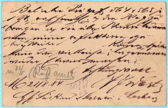 Postcard of business nature to " Messrs. Süskind & Sternau " in Aachen, - mailed August 21, 1884 - back of card