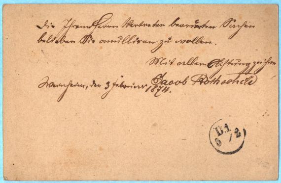 Postkarte geschäftlicher Art von " Jacob Rothschild " in Weinheim - versandt am 4. Februar 1874  -  Postkartenrückseite