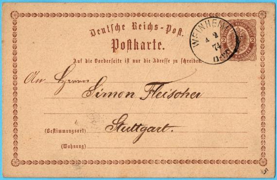 Postkarte geschäftlicher Art von " Jacob Rothschild " in Weinheim - versandt am 4. Februar 1874