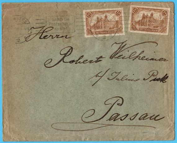 Envelope - addressed to " Mr. Robert Weilheimer at Julius Pick " in Passau, - sent 1922 from Bamberg to Passau