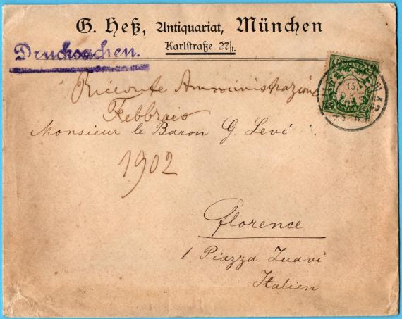 Envelope from " G. Heß, Antiquariat, München, Karlstraße 27 " to Monsieur le Baron G. Levi in Florence