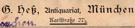 Briefumschlag von " G. Heß, Antiquariat, München, Karlstraße 27 " an Monsieur le Baron G. Levi in Florence - Ausschnittvergrößerung Geschäftsadresse