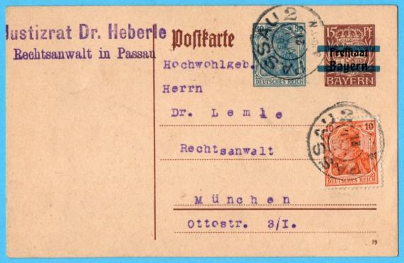 Postkarte geschäftlicher Art an Hochwohlgeboren Herrn Dr. Lemle, Rechtsanwalt, München,  Ottostraße 3/I.