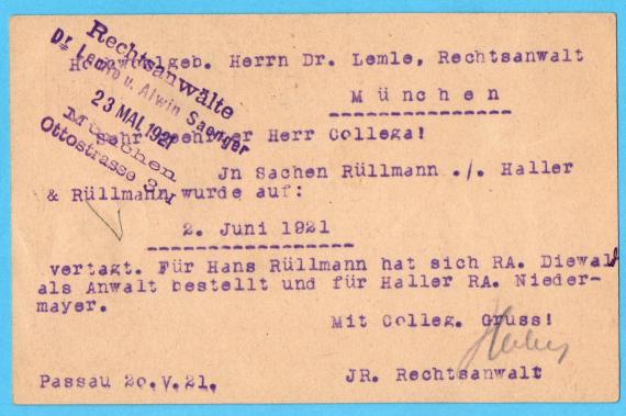 Postkarte geschäftlicher Art an Hochwohlgeboren Herrn Dr. Lemle, Rechtsanwalt, München,  Ottostraße 3/I.  - Kartenrückseite