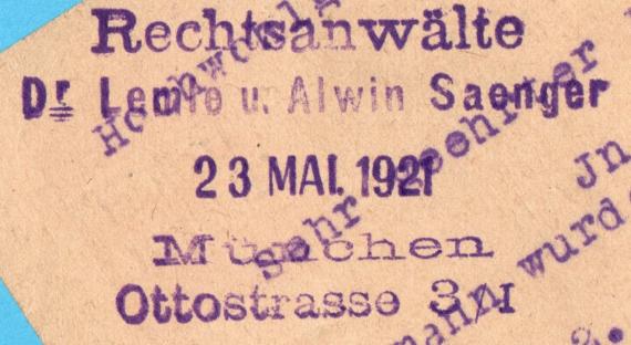 Postkarte geschäftlicher Art an Hochwohlgeboren Herrn Dr. Lemle, Rechtsanwalt, München, Ottostr.  3/1 - versandt am 20. Mai 1921 - Ausschnittvergrößerung - Kanzleistempel auf der Kartenrückseite