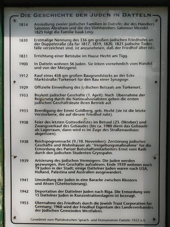 Die Geschichte der Juden in Datteln Ein auf dem Friedhof aufgestelltes Schild über die Geschichte der Juden in Datteln