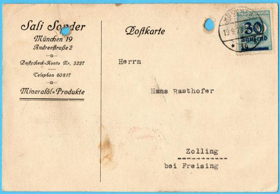 Business postcard from " Sali Sonder, Mineralölprodukte ", Munich 19, Andreéstr. 2, - mailed on 19.9.1923