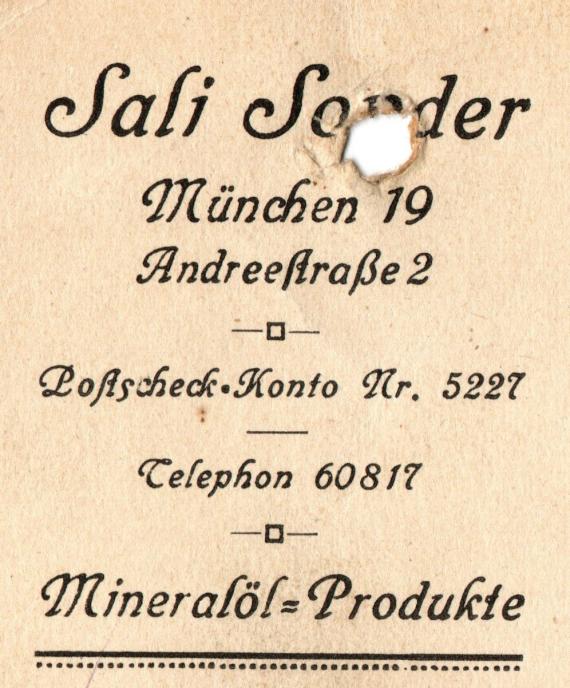 Business postcard from " Sali Sonder, Mineralölprodukte ", Munich 19, Andreéstr. 2, - mailed on 19.9.1923 - detail enlargement company address