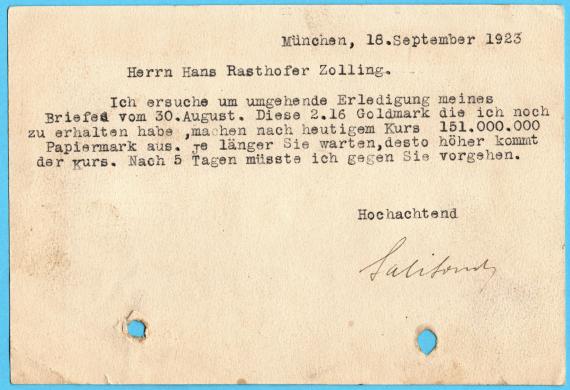 Geschäftspostkarte von " Sali Sonder, Mineralölprodukte ", München 19, Andreéstr. 2, - versandt am 19.9.1923 - Kartenrückseite