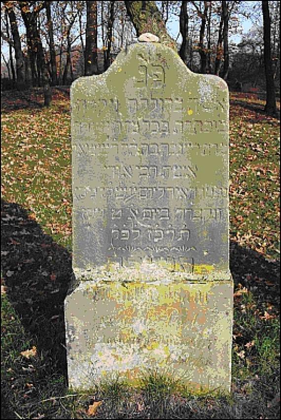 Alter Grabstein mit hebräischer Schrift auf einer Wiese. Obendrauf liegt ein Stein.