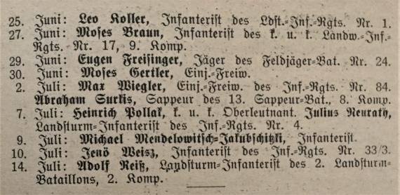 Dr. Bloch´s Oesterreichische Wochenschrift. - Zentralorgan für die gesamten Interessen des Judentums - Nr. 29 - 21. Juli 1916 - Liste der vom 15. Mai 1916 bis Juli in Wien beerdigten Offizieren und Mannschaften - Teil 2