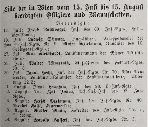 Dr. Bloch´s Oesterreichische Wochenschrift. - Zentralorgan für die gesamten Interessen des Judentums - Nr. 36 - 8. September 1916 - Liste der in Wien vom 15. Juli bis 15. August beerdigten Offiziere und Mannschaften