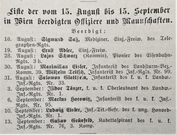 Dr. Bloch's Oesterreichische Wochenschrift. - Zentralorgan für die gesamten Interessen des Judentums - No. 40 - October 6, 1916 - List of Officers and Enlisted Men Buried in Vienna from August 15 to September 15, 1916.