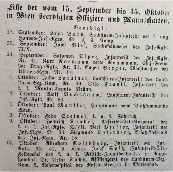 Dr. Bloch´s Oesterreichische Wochenschrift. - Zentralorgan für die gesamten Interessen des Judentums - Nr. 46 - 24. November 1916 - Liste der in Wien vom 15. September bis 15. Oktober 1916 in Wien beerdigten Offiziere und Mannschaften