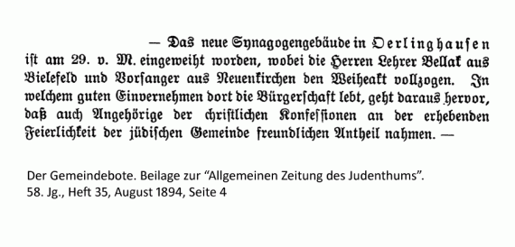 Zeitungsbericht Einweihung Synagoge Oerlinghausen 29. Juli 1894