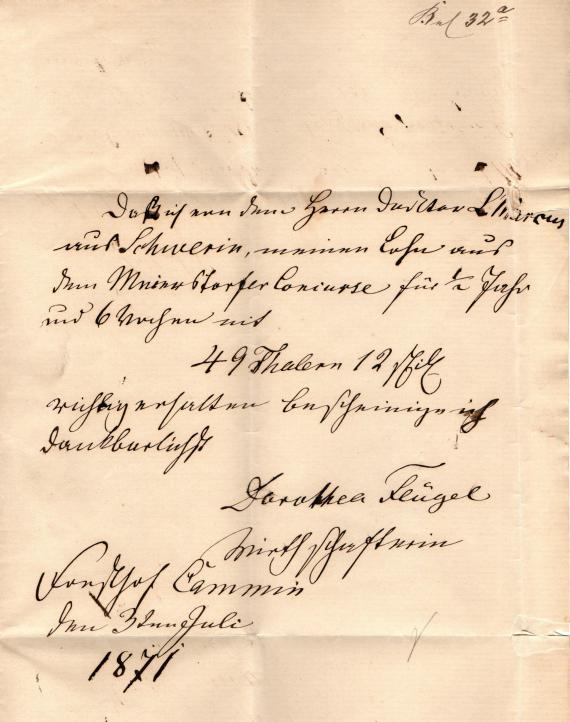 Brief - Dr. L. Marcus Brief an " Sr. Wohlgeboren dem Herrn Dr. L. Marcus " in Schwerin - versandt am 3. Juli 1871 - Briefinhalt