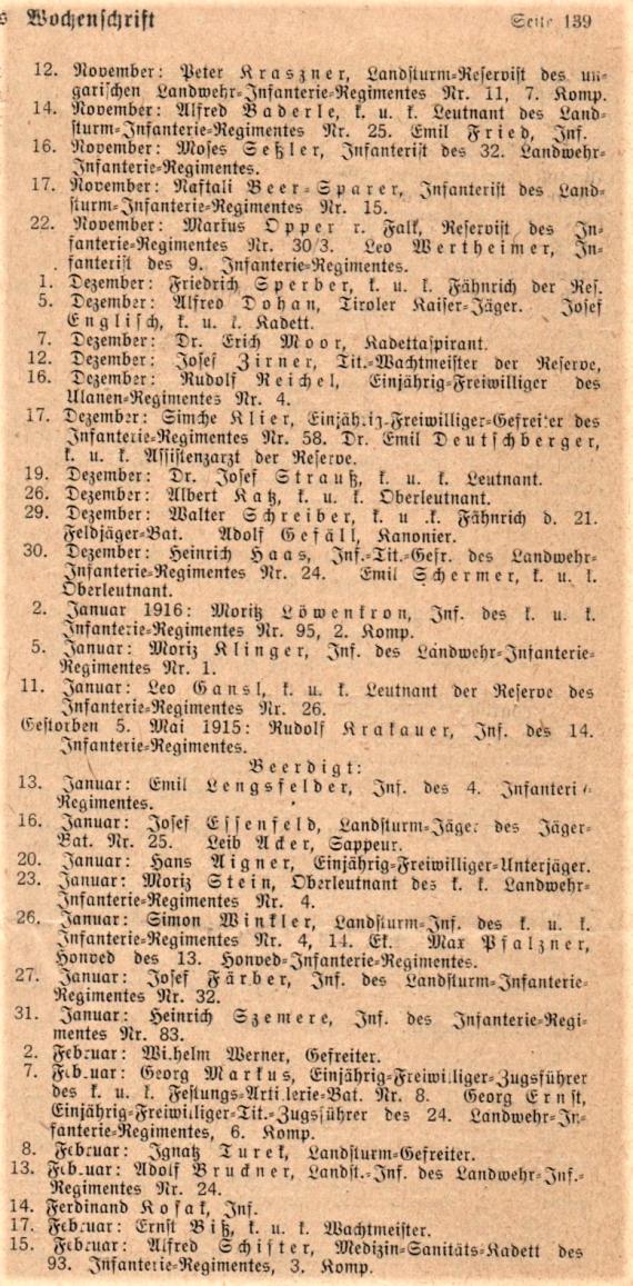 Verzeichnis der in der Zeit vom 16.Oktober 1915 bis 15. Februar 1916 in der isr. Abteilung des Zentralfriedhofes bestatteten Offiziere und Mannschaften in Dr. Bloch´s Oesterreichische Wochenschrift. - Zentralorgan für die gesamten Interessen des Judentums - Nr. 9 - Wien, 23. Februar 1916 - Teil 2