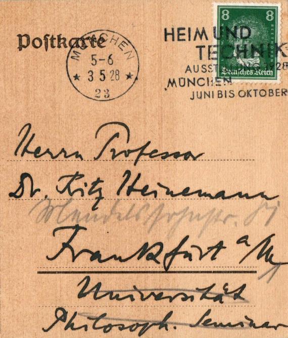 Postcard to Professor Dr. Fritz Heinemann, Frankfurt a. M., University, Philosoph. Seminar sent on May 3, 1928 by Alfred von Martin from Munich - enlargement of postal address