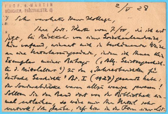 Postcard to Professor Dr. Fritz Heinemann, Frankfurt a. M., University, Philosoph. Seminar sent on May 3, 1928 by Alfred von Martin from Munich - back of card - text on card