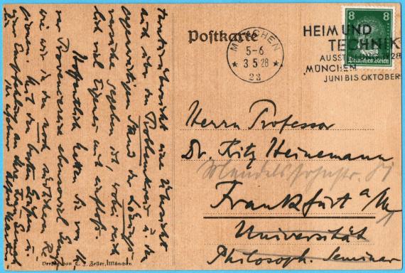 Postkarte an Herrn Professor Dr. Fritz Heinemann, Frankfurt a. M.,Universität, Philosoph. Seminar  versandt am 3.Mai 1928 von Alfred von Martin aus München - Kartenvorderseite