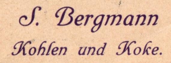 Postkarte von " S. Bergmann, Kohlen und Koke " in Fürth, - versandt am 14. November 1912 - Kartenrückseite - Ausschnittvergrößerung Firmenname