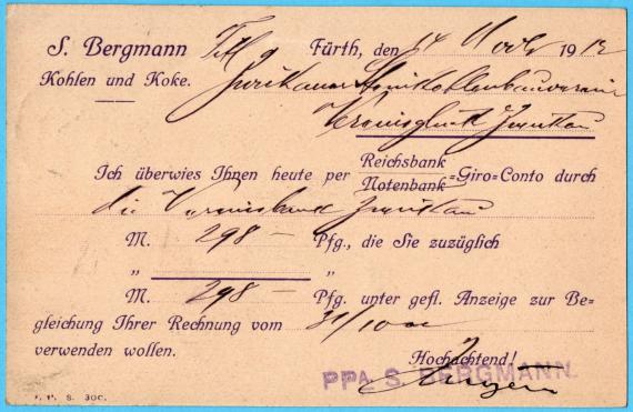 Postkarte von " S. Bergmann, Kohlen und Koke " in Fürth, - versandt am 14. November 1912 - Kartenrückseite