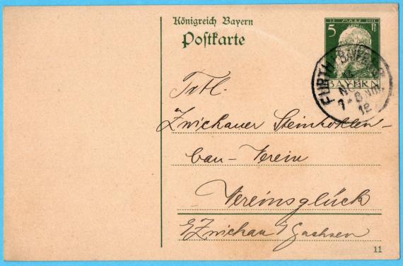 Postkarte von " S. Bergmann, Kohlen und Koke " in Fürth, - versandt am 14. November 1912