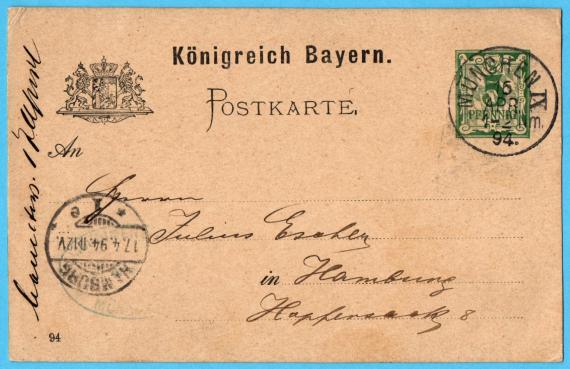 Postkarte geschäftlicher Art der " Bettfedernfabrik Billigheimer & Einstein " in München  - versandt am 16. April 1894 