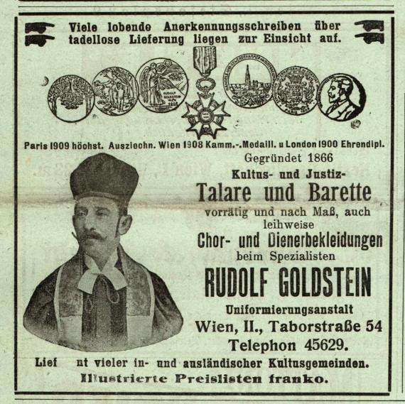 Werbeanzeige  der " Uniformierungsanstalt Rudolf Goldstein " in Wien, II., Taborstraße 54 - erschienen am 3. November 1916 in " Dr. Bloch´s Oesterreichische Wochenschrift, Zentralorgan für die gesamten Interesssen des Judentums ".