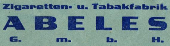 Geschäftsbriefumschlag der " Zigaretten- und Tabakfabrik Abeles " in München, Lindwurmstraße 125, - versandt am 4. Juni 1935 - Ausschnittvergrößerung Firmenname