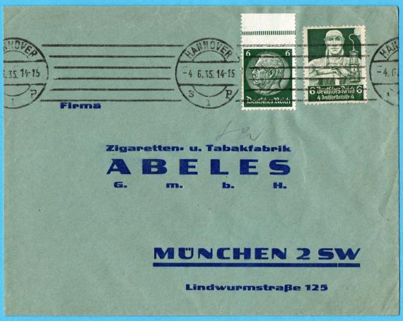 Geschäftsbriefumschlag der " Zigaretten- und Tabakfabrik Abeles " in München, Lindwurmstraße 125, - versandt am 4. Juni 1935 