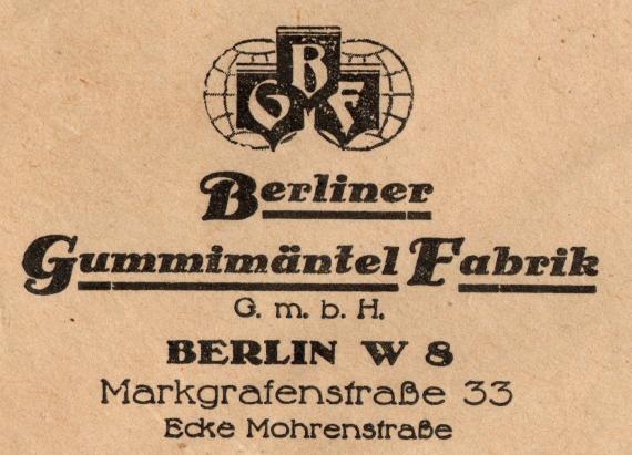 Briefumschlag - Berliner Gummimäntel Fabrik GmbH., Berlin W S, Markgrafenstraße 33, Ecke Mohrenstraße - versandt am 24. November 1934 nach Cham - Ausschnittvergrößerung Firmenanschrift