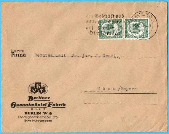 Envelope - Berliner Gummimäntel Fabrik GmbH., Berlin W S, Markgrafenstraße 33, corner Mohrenstraße - sent to Cham on November 24, 1934.