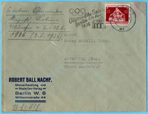 Briefumschlag - Robert Ball Nachf. - Münzenhandlung und Medailen-Verlag - Berlin W 8 - Wilhelmstraße 44 - versandt am 30. Juni 1936