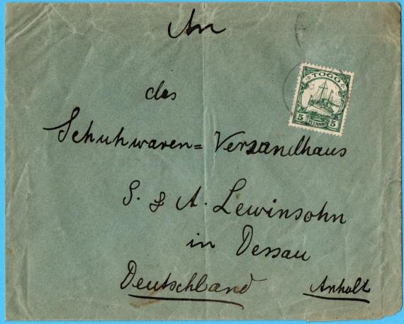 Envelope - sent from Togo (Africa) to the " Schuhwaren-Versandhaus S. & A. Lewinsohn " in Dessau in the time around 1910