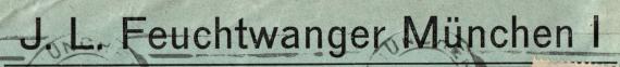 Geschäfts-Briefumschlag " J. L. Feuchtwanger, München I " - versandt am 17. Januar 1924 nach Kaiserslautern - Ausschnittvergrößerung Firmenname