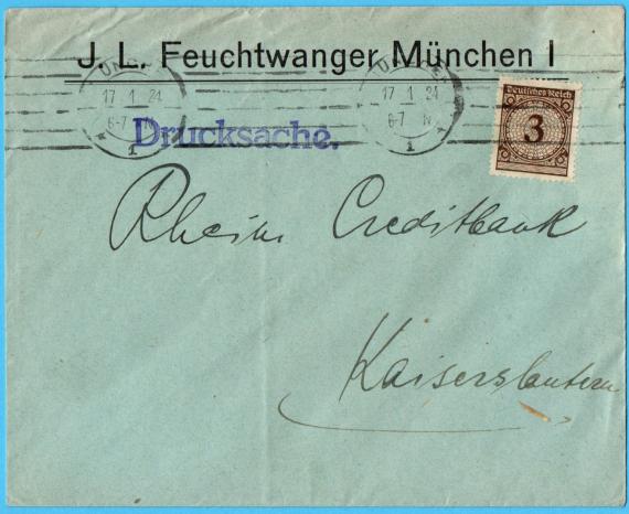 Briefumschlag - J. L. Feuchtwanger, München Geschäfts-Briefumschlag " J. L. Feuchtwanger, München I " - versandt am 17. Januar 1924 nach Kaiserslautern