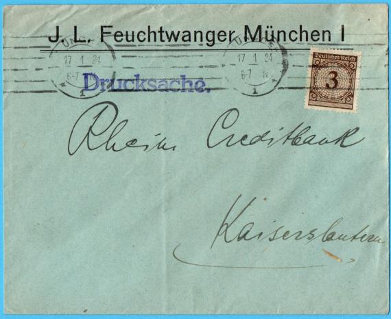 Business envelope " J. L. Feuchtwanger, Munich I " - mailed on January 17, 1924 to Kaiserslautern